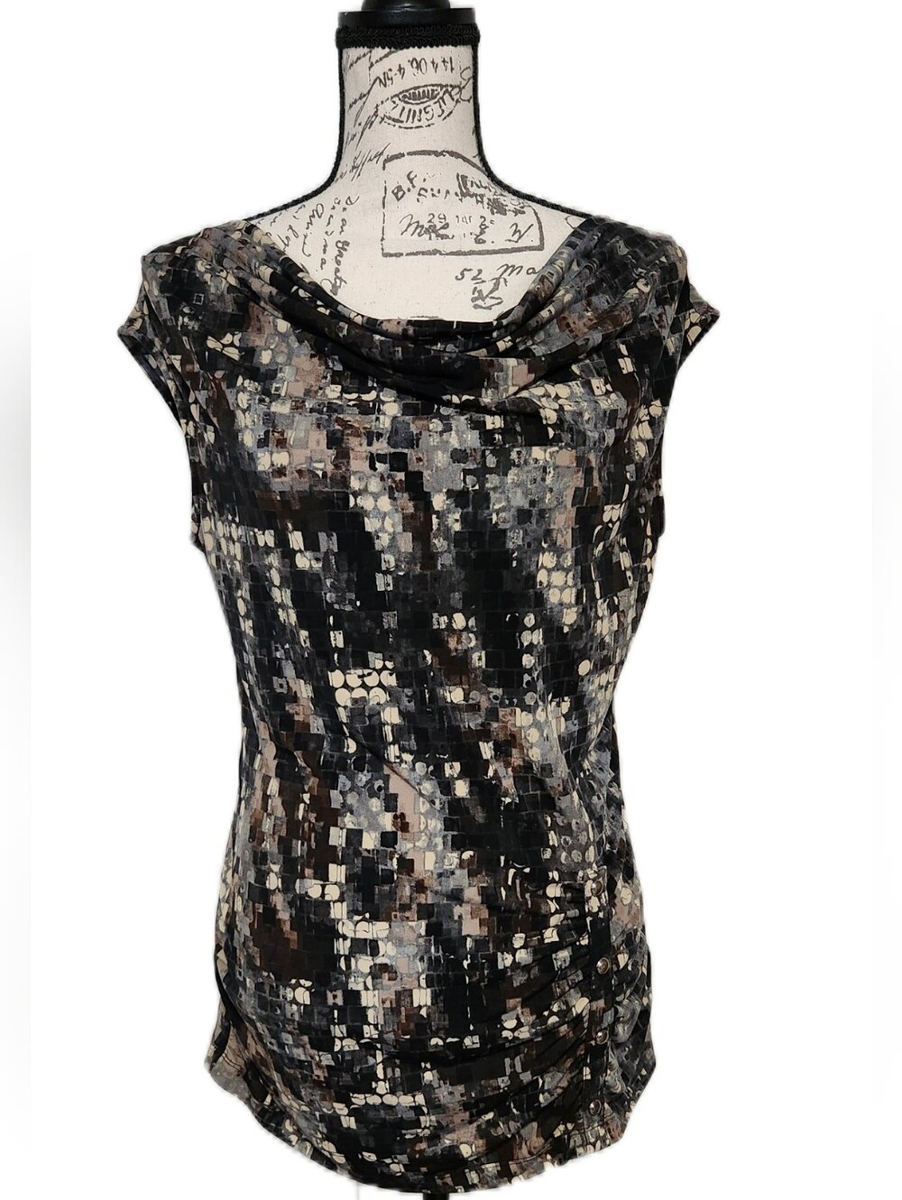 Travel By Tribal Black, White, & Tan Multi Cowl Neck Blouse EUC size Medium
